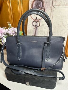 Hilary Radley Navy Leather Satchel with Top Handles